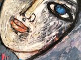 an image of a painting of a woman ' s face with blue eyes