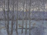 une peinture à l'huile représentant un paysage enneigé avec des arbres et une clôture
