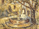 un tableau représentant une fontaine dans une cour, avec un arbre en arrière-plan