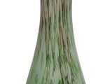 a green and red vase sitting on a white surface