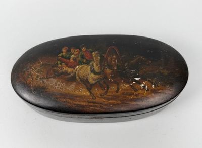 peinture représentant une calèche tirée par des chevaux, avec des personnes à bord, sur une assiette noire