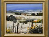 une peinture à l'huile représentant un paysage enneigé avec une clôture au premier plan
