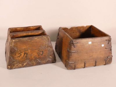 pair of antique wooden boxes with handles on a white background