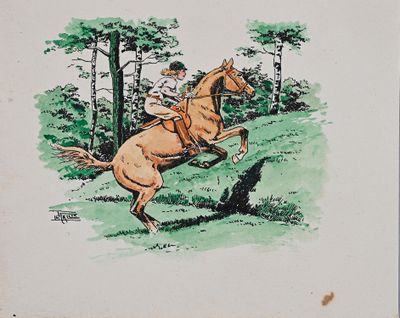 un dessin représentant un homme à cheval dans les bois
