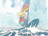 drawing of a man on a surfboard riding a wave in the ocean