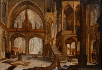 peinture représentant l'intérieur d'une église avec des colonnes et des arcades