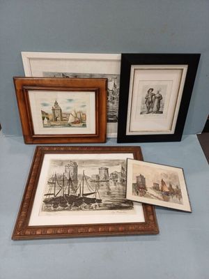 three framed pictures of boats and buildings on a blue surface