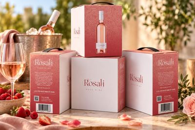 trois cartons de vin rosé posés sur une table, à côté d'un verre de vin