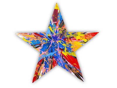 a close up of a colorful star on a white background