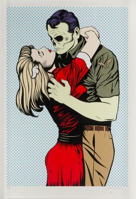 a painting of a man kissing a woman in a red dress