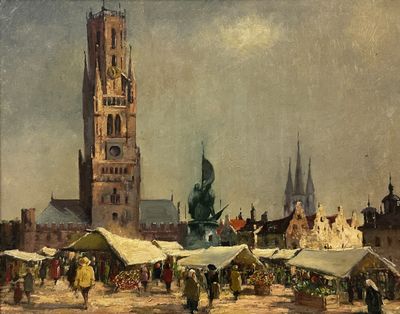 a painting of a city square with a clock tower in the background