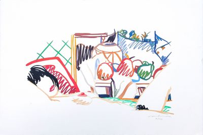 a drawing of a man sleeping on a bed