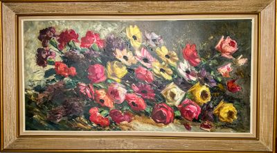a painting of flowers in a gold frame on the wall
