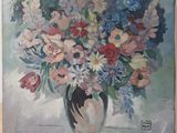 a painting of flowers in a vase on a table