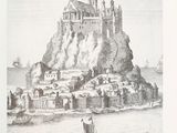 un dessin représentant un château sur une colline, avec un bateau dans l'eau