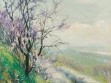 une peinture à l'huile représentant un arbre sur une colline, avec une route en arrière-plan