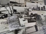 many black and white photos of a bunch of buildings
