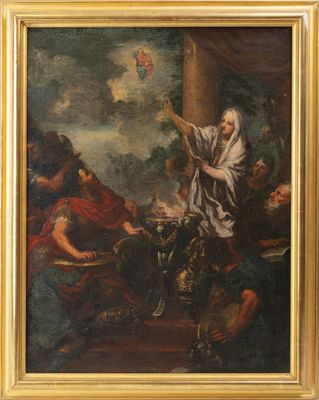 an oil painting of a man standing in front of a group of people