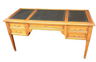 Bureau plat en bois naturel plateau rectangulaire garni de t… - Photo 1