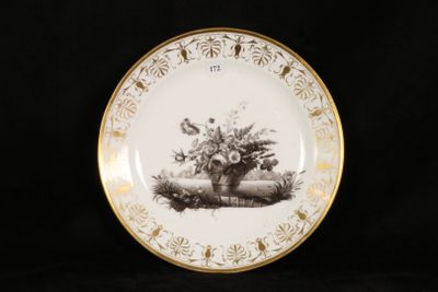 a plate with a picture of a basket of flowers on it