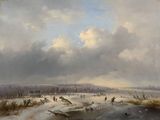 un tableau représentant des personnes faisant du patin à glace sur un lac gelé