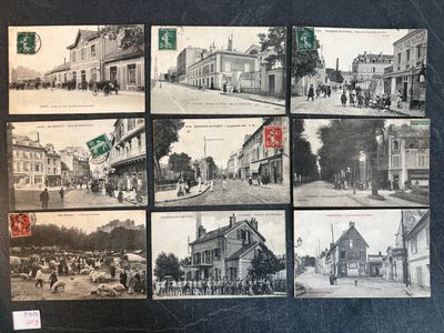 several old black and white photos of a street with buildings