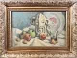 a painting of a cow and apples on a table
