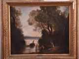 an oil painting of a river scene with figures in a wooded setting
