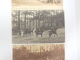 two pictures of people riding horses in the woods