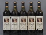 six bottles of wine are lined up on a table