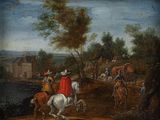 painting of a group of people riding horses on a dirt road