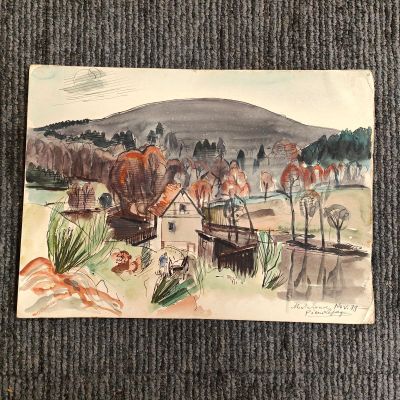 une photo d'une aquarelle représentant une montgolfière