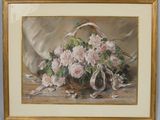 painting of a basket of roses on a table with a ribbon