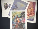 trois cartes postales représentant une femme à moto et une carte postale représentant un homme à moto