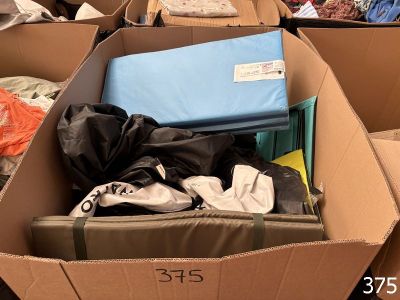 a cardboard box filled with clothes and other items