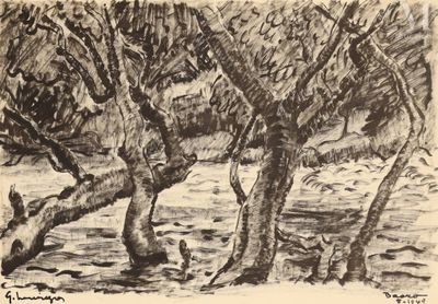 une image représentant un dessin d'un groupe d'arbres au bord de l'eau