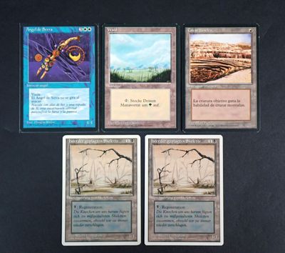 several cards are displayed on a black surface with a picture of a tree