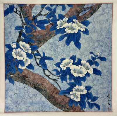 a painting of blue and white flowers on a tree branch