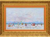 an oil painting of a beach scene with people playing in the water