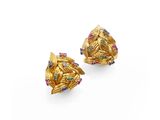 a pair of gold earrings with multi colored stones