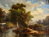 tableau représentant une scène fluviale avec un oiseau blanc volant au-dessus de l'eau