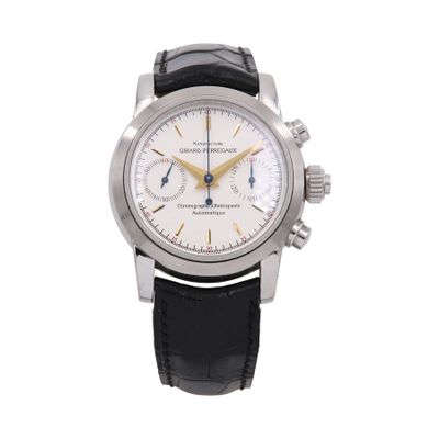 an image of a watch with a white dial and black leather strap