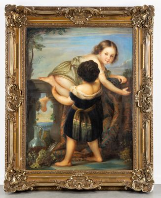 une peinture à l'huile représentant un jeune garçon tenant un bébé dans ses bras