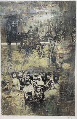 a painting of a horse drawn carriage with people in it