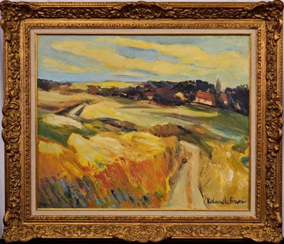 a painting of a landscape with a dirt road in the foreground