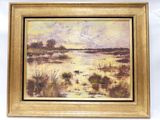 une peinture à l'huile représentant un paysage avec une rivière au premier plan