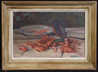 an oil painting of lobsters and a bowl on a table