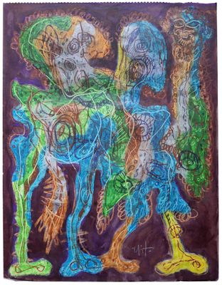 tableau représentant un groupe de personnes de différentes couleurs sur un fond violet