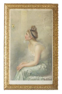 an image of a painting of a woman in a blue dress