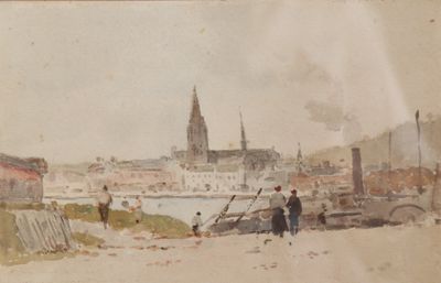 a painting of a man and a woman walking on the beach